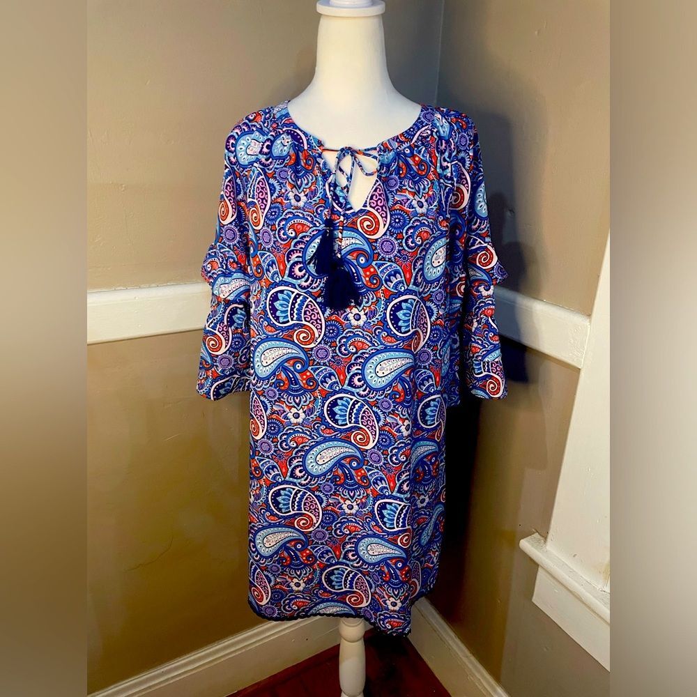Simply Southern Paisley Dress Women’s Tiered Ruffle Sleeves Size Medium